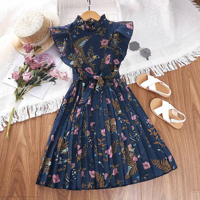 SHEIN Tween Girl Floral Print Ruffle Trim Pleated Hem Belted Dress