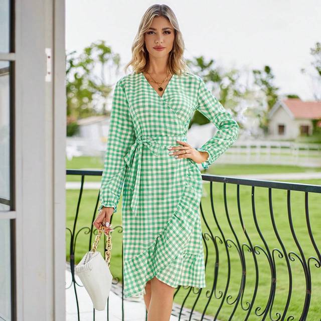 Gingham Tryck Knut vid Sidan Kant med Volanger Omlott Klänning - Mint Grön (L,M,S)