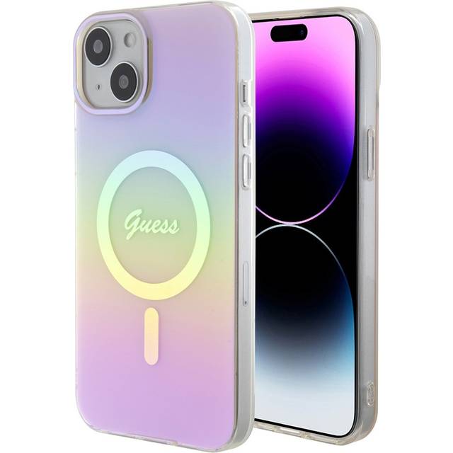 Guess iml iridescent script hard case with magsafe for iphone 15 6.1" pink -