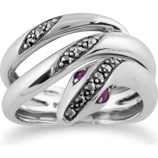 Art Nouveau Style Round Ruby & Marcasite Snake Ring in 925 Sterling Silver