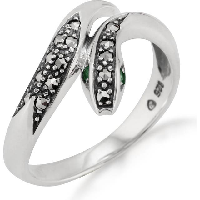 Art Nouveau Style Round Emerald & Marcasite Snake Ring in 925 Sterling Silver