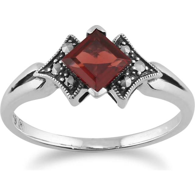 Art Deco Style Square Garnet & Marcasite Ring in 925 Sterling Silver