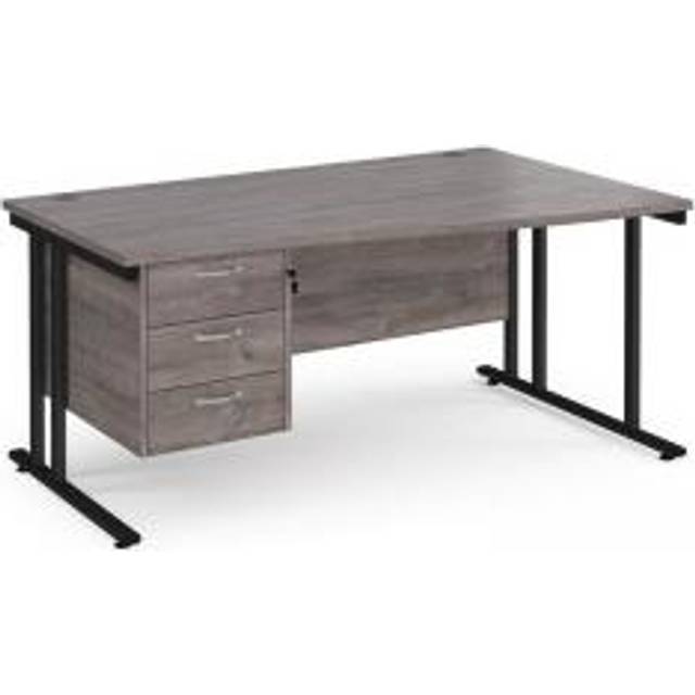 Maestro 25 right hand wave Office Desk 1600mm wide with 3 drawer pedestal - black cantilever leg frame, grey oak top - Grey