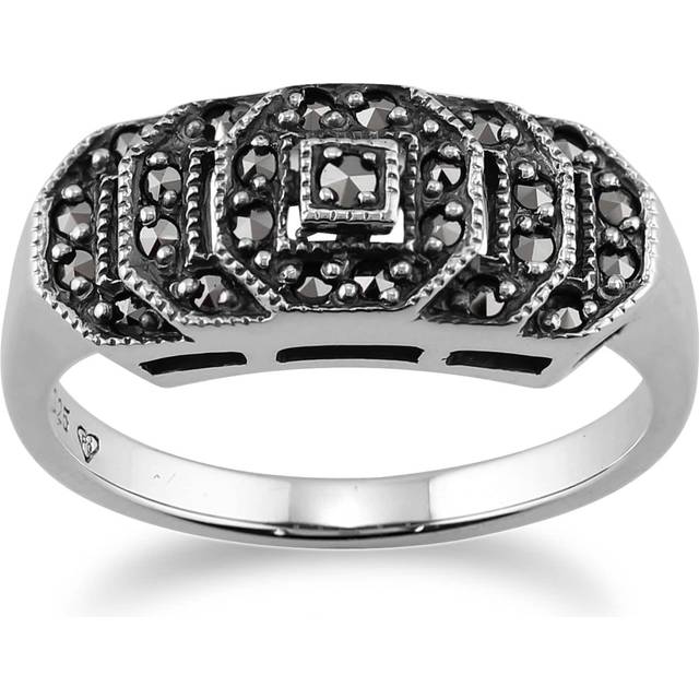 Art Deco Style Round Marcasite Stepped Ring in 925 Sterling Silver