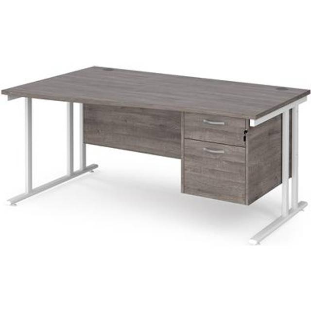 Maestro 25 left hand wave Office Desk 1600mm wide with 2 drawer pedestal - white cantilever leg frame, grey oak top - Grey