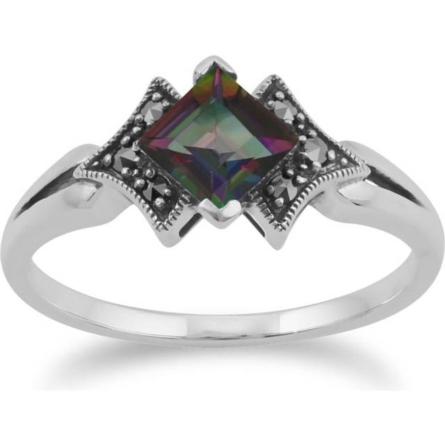 Art Deco Style Square Mystic Topaz & Marcasite Ring in 925 Sterling Silver