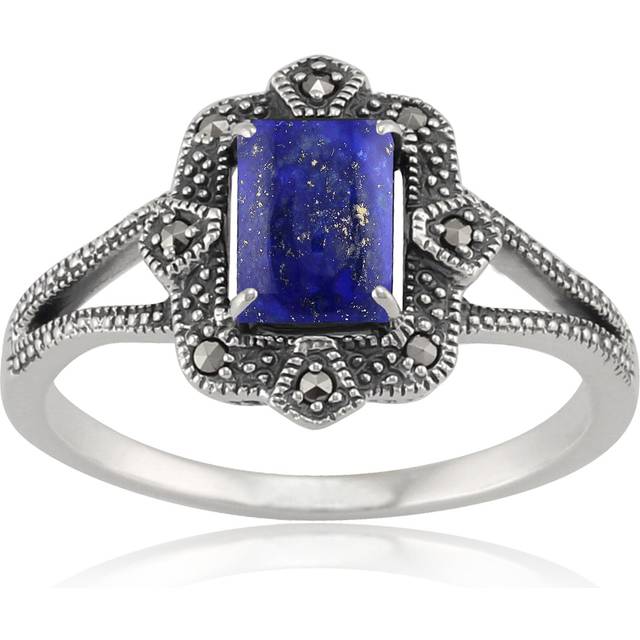 Art Deco Style Baguette Lapis Lazuli & Marcasite Ring in 925 Sterling Silver
