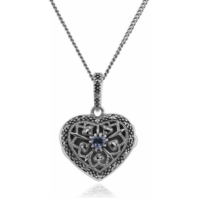 Art Nouveau Style Round Garnet & Marcasite Heart Necklace in 925 Sterling Silver
