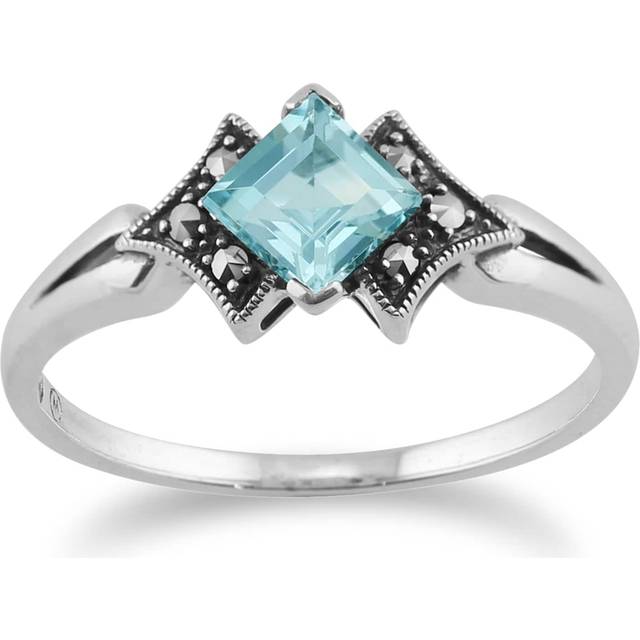 Art Deco Style Square Blue Topaz & Marcasite Ring in 925 Sterling Silver