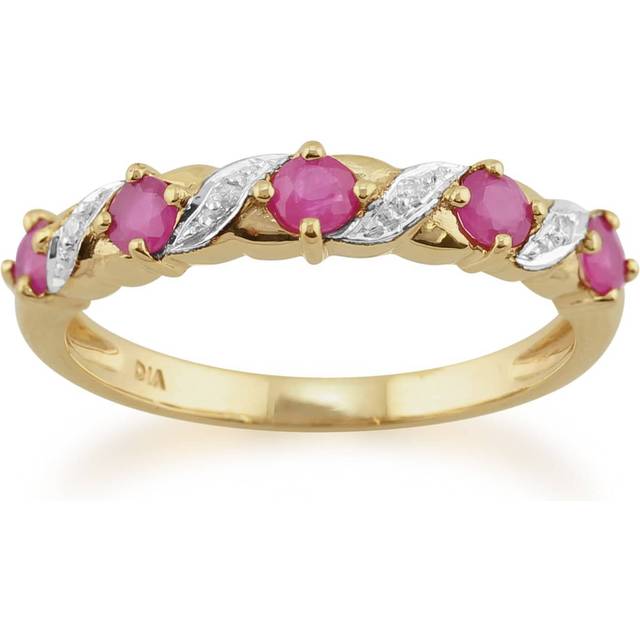 Classic Art Nouveau Round Ruby & Diamond Half Eternity Ring In 9ct Yellow Gold