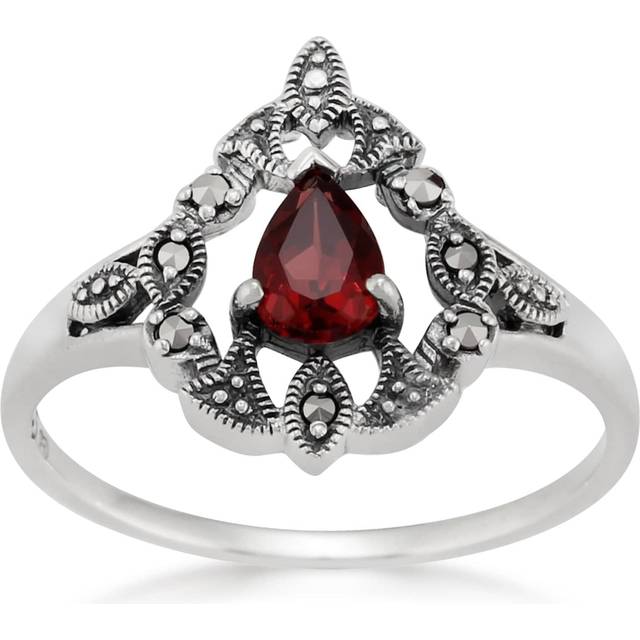 Victorian Style Pear Garnet & Marcasite Garland Statement Ring in Silver