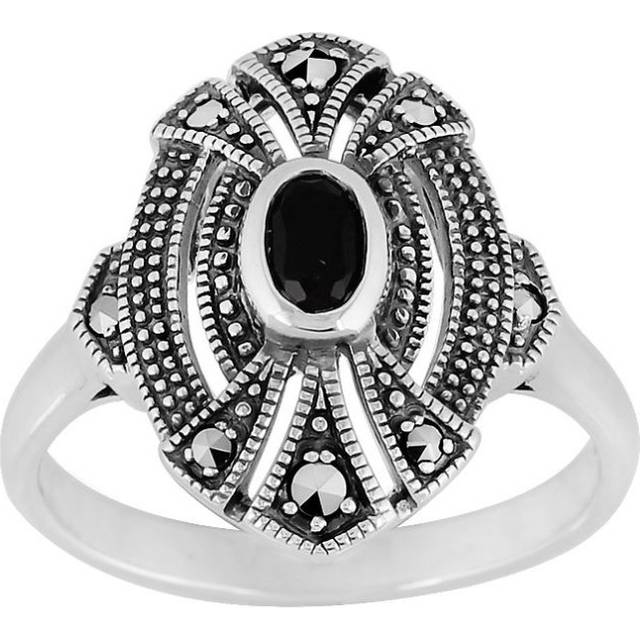 Art Deco Style Oval Black Onyx & Marcasite Cocktail Ring in 925 Sterling Silver