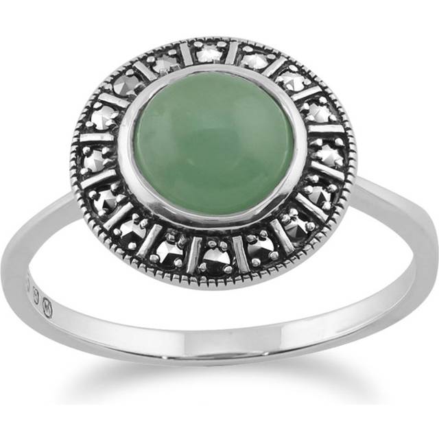 Art Deco Style Round Green Jade Cabochon & Marcasite Halo Ring in 925 Sterling Silver