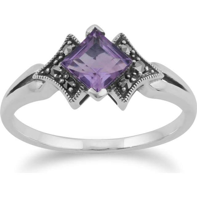 Art Deco Style Square Amethyst & Marcasite Ring in 925 Sterling Silver