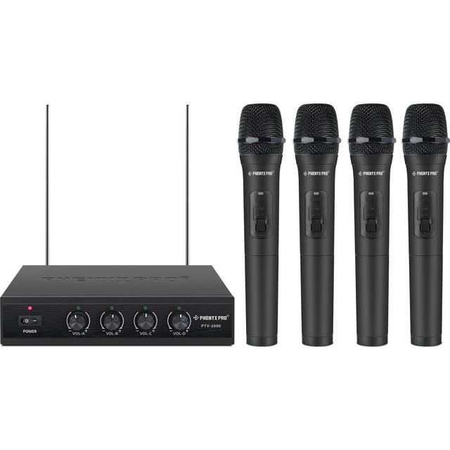 Phenyx Pro Wireless Microphone System  4 Channel VHF Wireless Mics  w/ 4 Handheld Dynamic Microphones  Metal Receiver  Long Range  Microphone for Sing