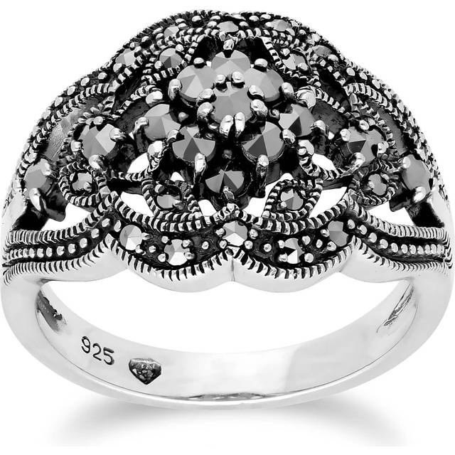 Art Nouveau Style Round Marcasite Cluster Ring in 925 Sterling Silver