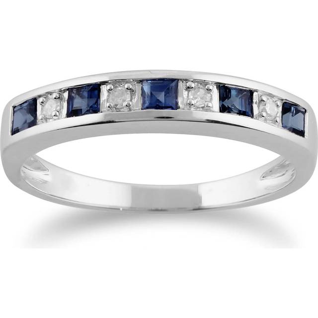 Classic Square Light Blue Sapphire & Diamond Half Eternity Ring in 9ct White Gold
