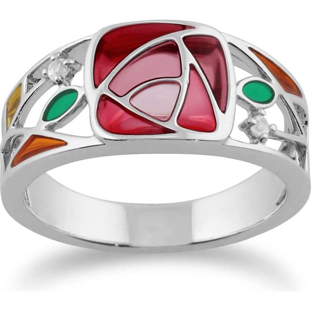 Rennie Mackintosh Round White Topaz & Enamel Glasgow Rose Band Ring in 925 Sterling Silver