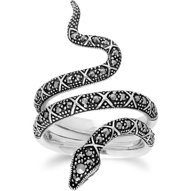 Art Nouveau Style Round Marcasite Snake Statement Ring in 925 Sterling Silver