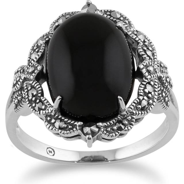 Art Nouveau Style Oval Black Onyx Cabochon & Marcasite Statement Ring in 925 Sterling Silver