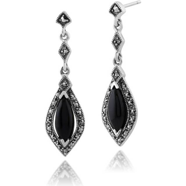 Art Deco Marquise Black Onyx & Marcasite Halo Drop Earrings in 925 Sterling Silver