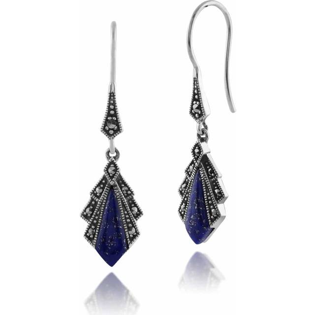 Art Deco Style Diamond Lapis Lazuli & Marcasite Drop Earrings in 925 Sterling Silver