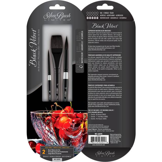WC-3201S Black Velvet Best Basic Watercolor Set of 3 Brushes, Round Size 12, Square Wash Size 1, Round Size 6