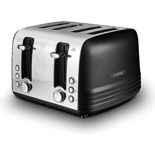 Tower, T20080BLK, Ash 2-Slice Toaster with 7 Browning Levels, Defrost/Reheat/Cancel, 925W, Black & Chrome