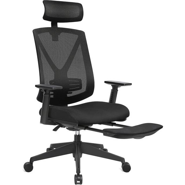 SONGMICS kontorsstol med fotstöd, ergonomisk skrivbordsstol med svankstöd, justerbart nackstöd och armstöd, höjdjustering och vippfunktion, lastkapacitet upp till 150 kg, svart OBN61BKV1