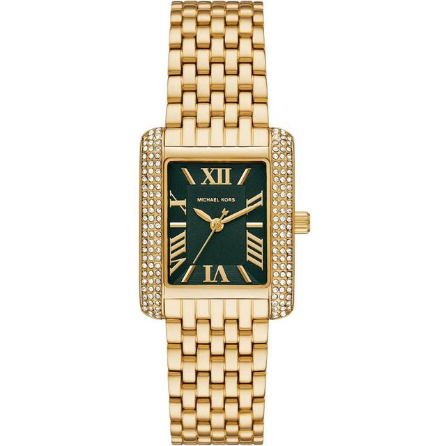 Michael Kors Emery Damklocka, kvartsverk med armband i rostfritt stål eller läder, Guldton och mörkgrön, 33MM