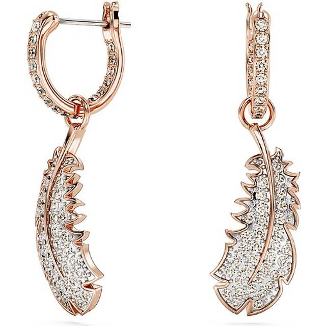 Nice drop earrings, Feather, White, Rose gold-tone plated - OS