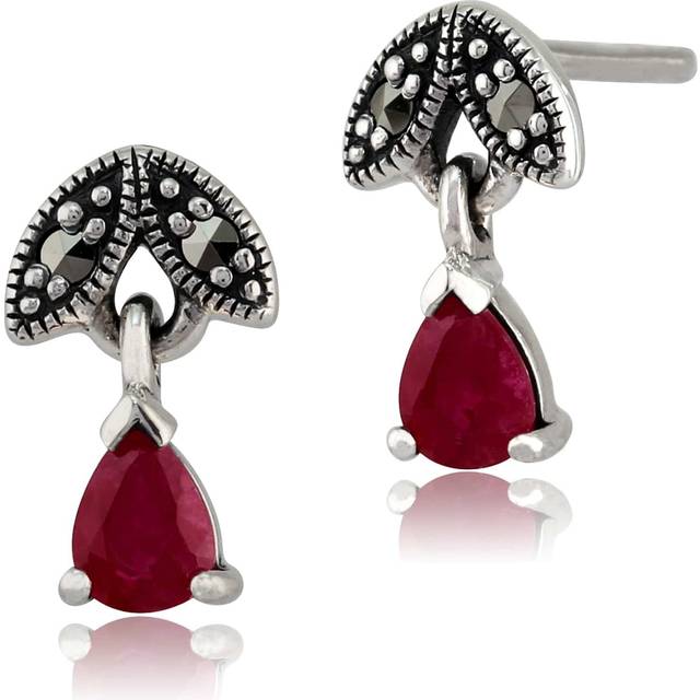 Art Nouveau Style Pear Ruby & Marcasite Drop Earrings in 925 Sterling Silver