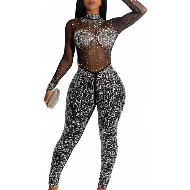 SHEIN Fashion Women&#39;s Solid Color Mesh Sparkling Rhinestone Long Sleeve Pants Jumpsuit Festival Graduation Dress