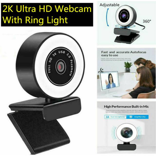 2K HD Autofocus USB 2.0 Webcam With LED Ring Light 360 Adjustable For PC/Laptop