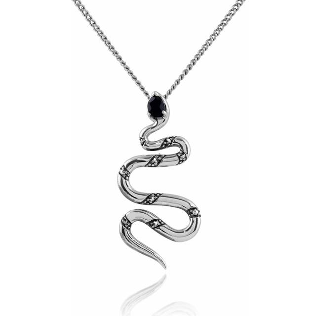Art Deco Style Pear Black Spinel & Marcasite Snake Necklace in 925 Sterling Silver