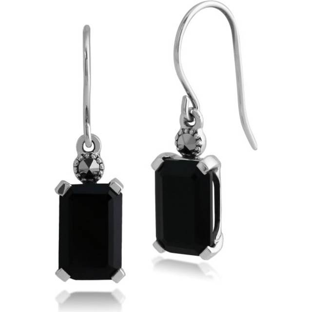 Art Deco Style Octagon Black Onyx & Marcasite Drop Earrings in 925 Sterling Silver