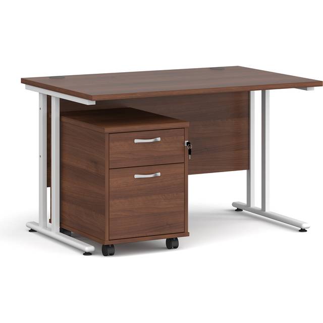 Maestro 25 Straight Office Desk with White Cantilever Frame and 2 Drawer Pedestal – Walnut - 1200mm x 800mm