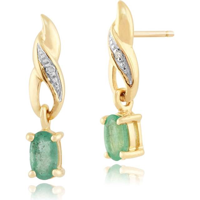 Art Nouveau Oval Emerald & Diamond Drop Earrings in 9ct Yellow Gold