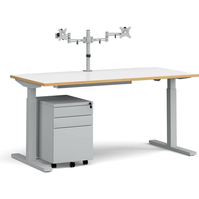 Height Adjustable Desk | Rectangular Desk Bundle 1600mm | White/Oak Tops With Silver Frames | Elev8 Mono