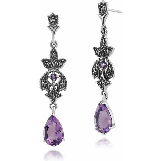 Art Nouveau Style Pear Amethyst & Round Marcasite Drop Earrings in 925 Sterling Silver