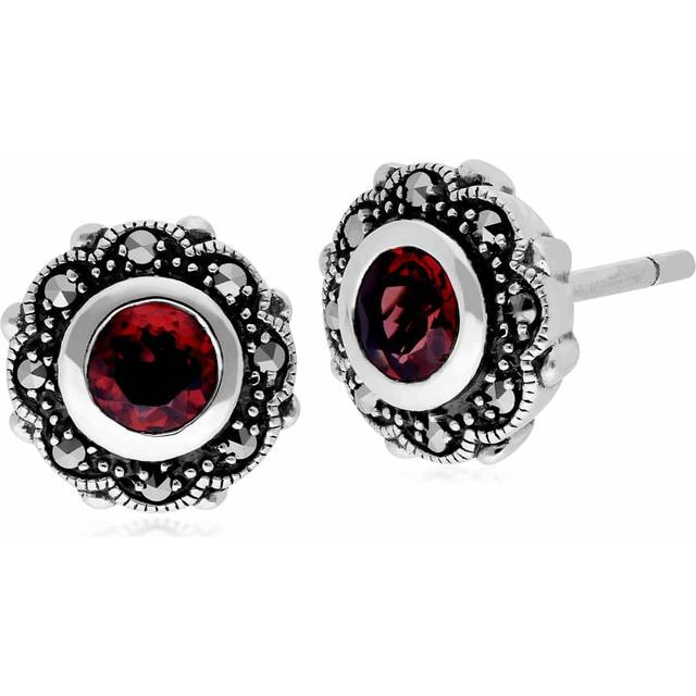 Art Nouveau Style Round Garnet & Marcasite Floral Stud Earrings in 925 Sterling Silver