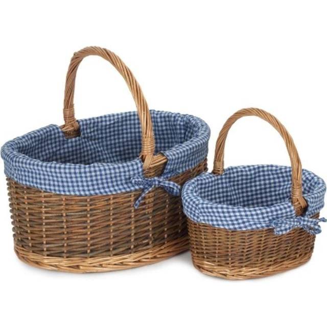 Blue Checked Lined Country Oval Wicker Shopping Basket - Set of 2
