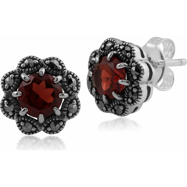 Floral Round Garnet & Marcasite Cluster Stud Earrings in 925 Sterling Silver