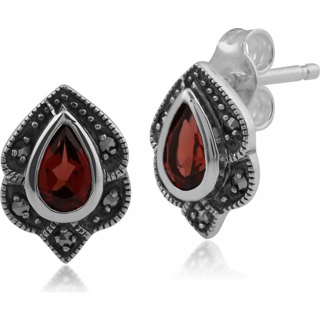 Art Nouveau Style Pear Garnet & Marcasite Leaf Stud Earrings in 925 Sterling Silver