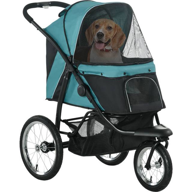 Pawhut Pet Stroller Jogger For Medium, Small Dogs, Foldable Cat Pram Dog Pushchair W/ Adjustable Canopy, 3 Big Wheels - Dark Green