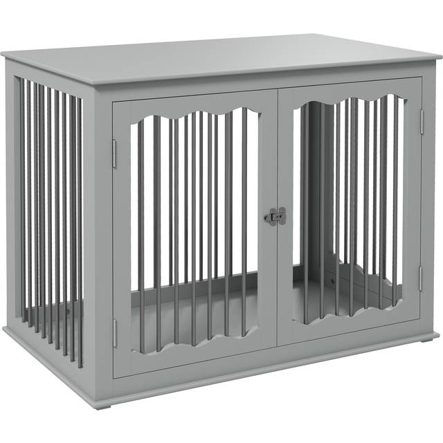 Pawhut Dog Crate End Table W/ Three Doors, Furniture Style Dog Crate, For Big Dogs, Indoor Use W/ Locks And Latches - Grey