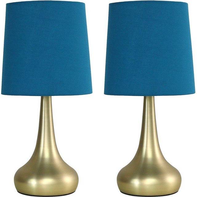Pair Of Modern Gold Teardrop Touch Bed Side Table Lamps With Navy Fabric Shades