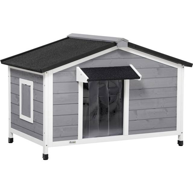 PawHut Large Wooden Dog Kennel, Elevated Dog Kennels for Outside, with Openable Top, Asphalt Roof, Windows, Curtain, Removable Tray, Adjustable Legs,