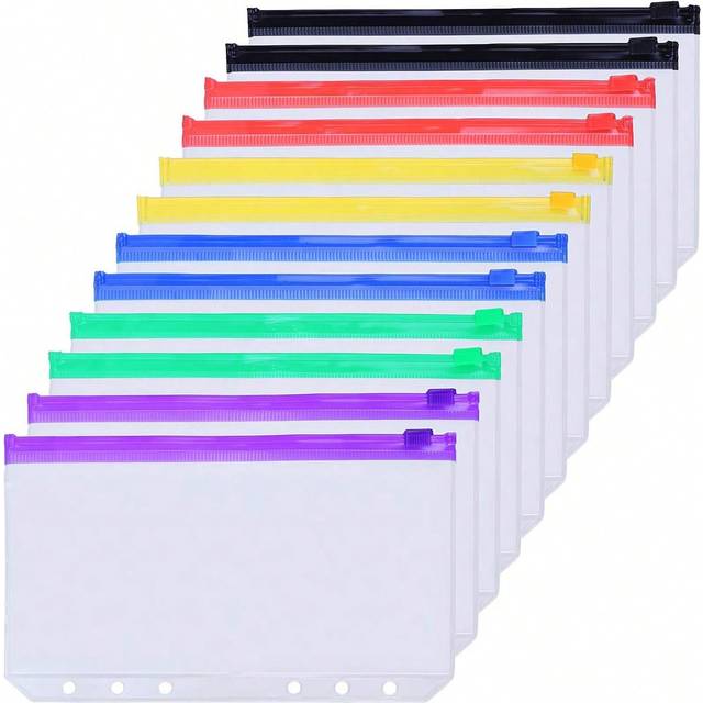 SHEIN 12pcs Zippered 3-Ring/6-Ring Binder Pockets, A5/A6/A7 Size, Multi-Color, Waterproof PVC File Folders For Notebooks Back To School,School Supplies