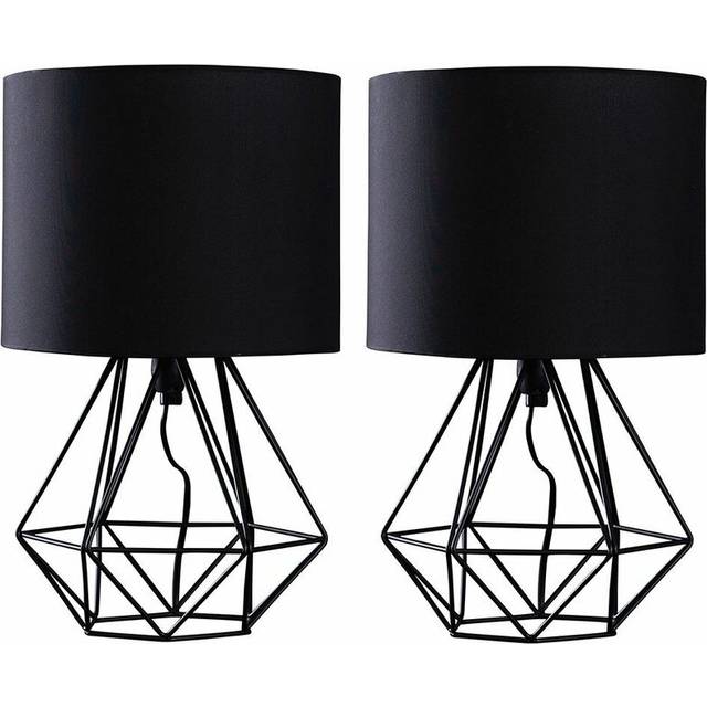 Angus Pair of Modern Black Metal Basket Cage Table Lamps with Black Fabric Shades